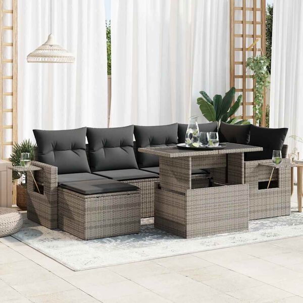 vidaXL 7 Piece Garden Sofa Set with Cushions Grey Poly Rattan