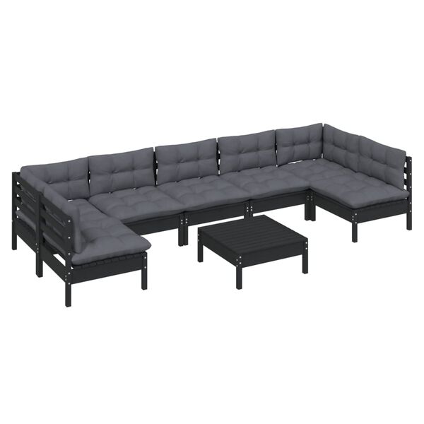 vidaXL 8 Piece Garden Lounge Set with Cushions Black Solid Pinewood
