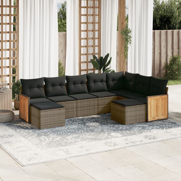 vidaXL 9 Piece Garden Sofa Set with Cushions Grey Poly Rattan