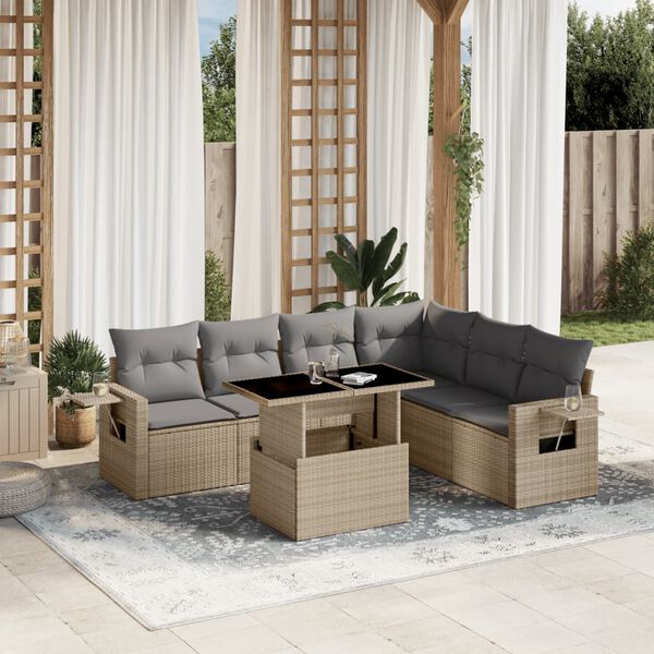 vidaXL 7 Piece Garden Sofa Set with Cushions Beige Poly Rattan