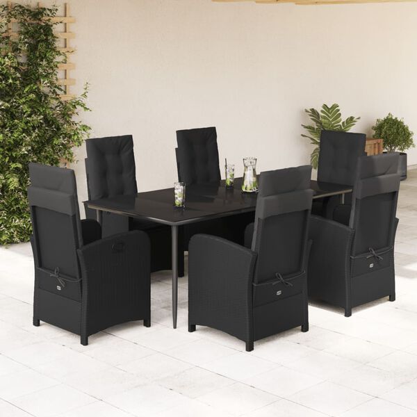 vidaXL 7 Piece Garden Dining Set with Cushions Black Poly Rattan