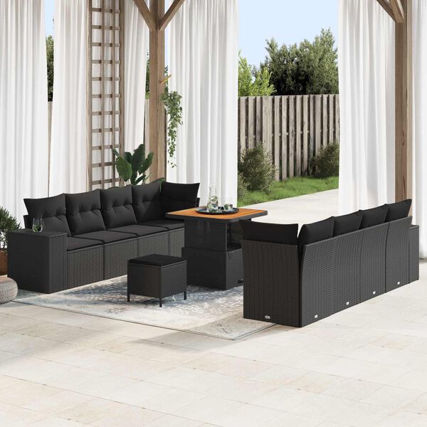 vidaXL Garden Sofa Set with Cushion 11 pcs Black Poly Rattan