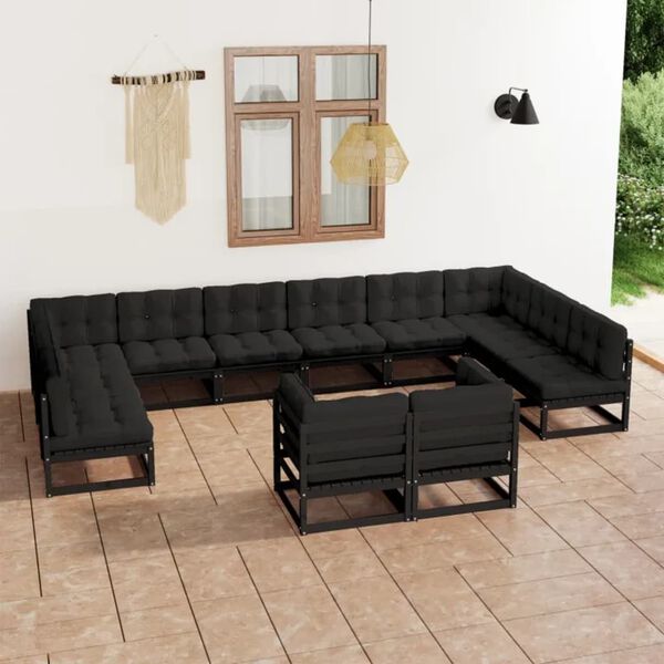 vidaXL 12 Piece Garden Lounge Set with Cushions Black Solid Pinewood