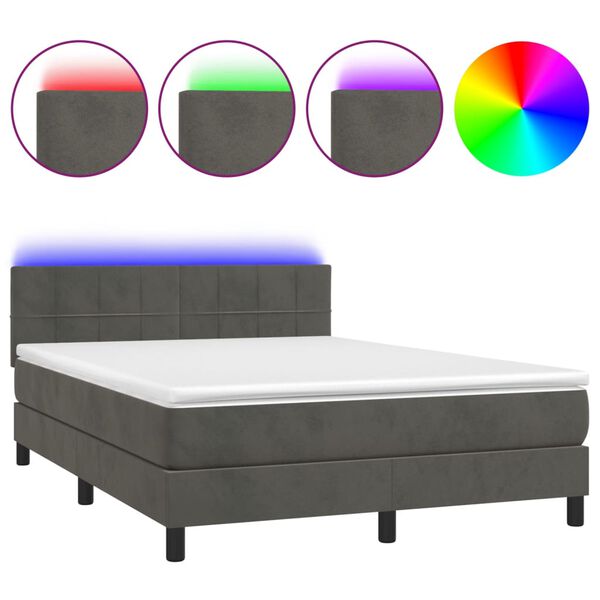 vidaXL Box Spring Bed with Mattress&LED Dark Grey 137x187 cm Double Size Velvet