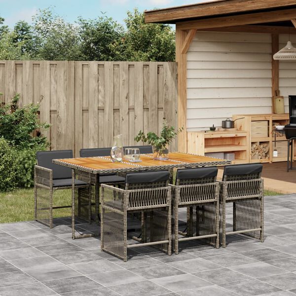 vidaXL 7 Piece Garden Dining Set with Cushions Grey Poly Rattan