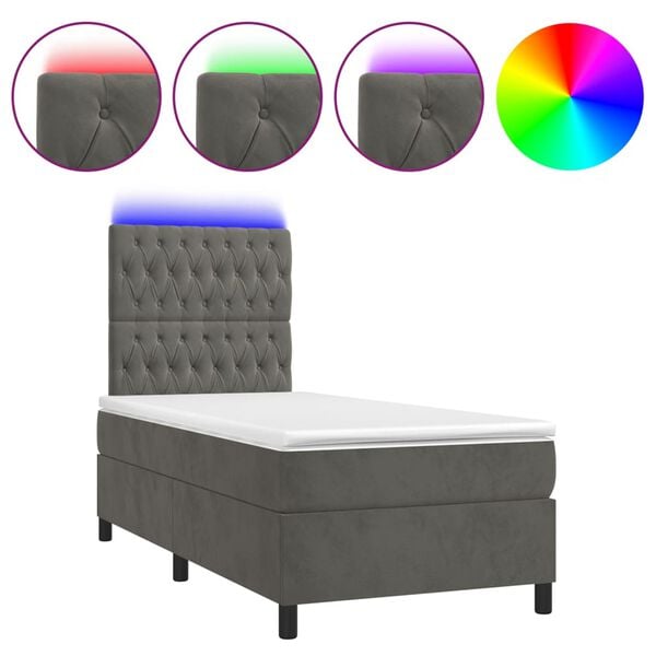 vidaXL Box Spring Bed with Mattress&LED Dark Grey 106x203 cm King Single Size Velvet