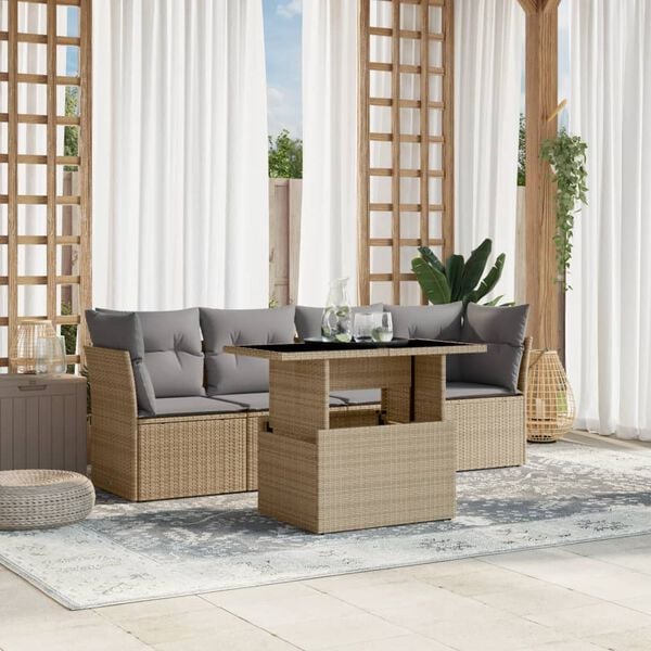 vidaXL 5 Piece Garden Sofa Set with Cushions Beige Poly Rattan