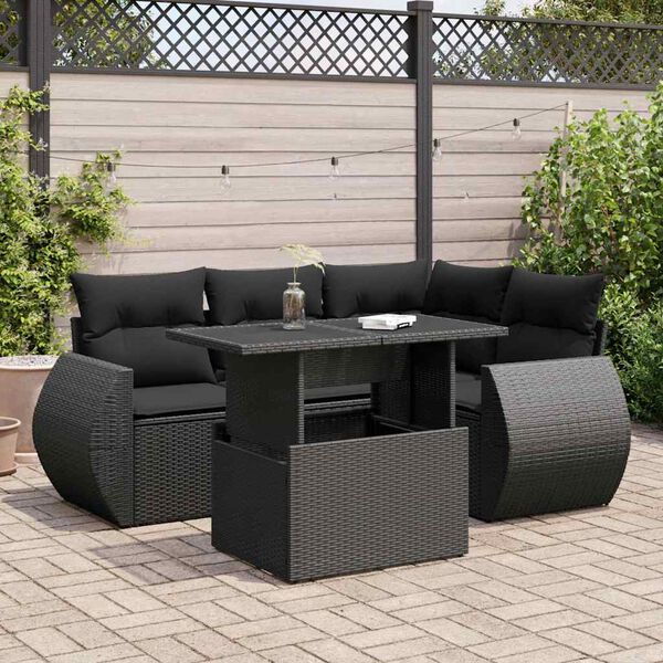 vidaXL 5 Piece Garden Sofa Set with Cushions Black Poly Rattan