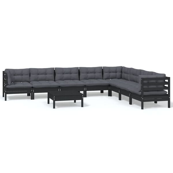 vidaXL 9 Piece Garden Lounge Set with Cushions Black Solid Pinewood
