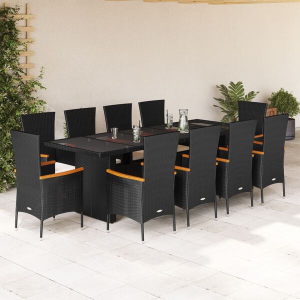 vidaXL 11 Piece Garden Dining Set with Cushions Black Poly Rattan