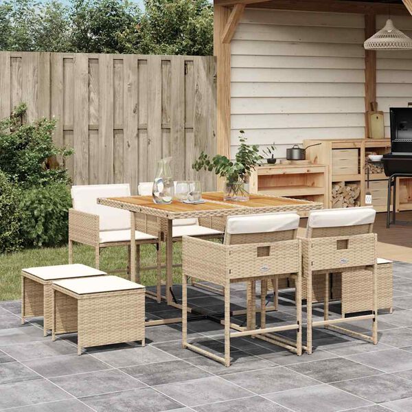 vidaXL 9 Piece Garden Dining Set with Cushions Beige Poly Rattan