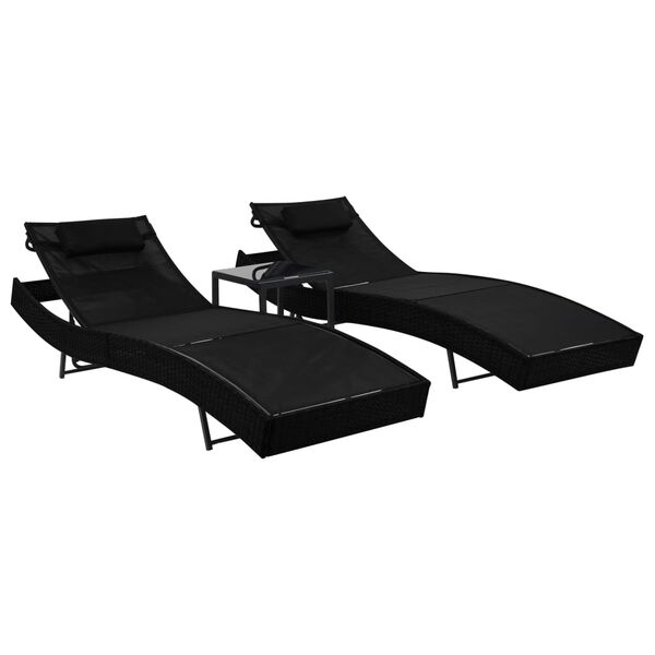 vidaXL Sun Loungers 2 pcs with Table Poly Rattan and Textilene Black