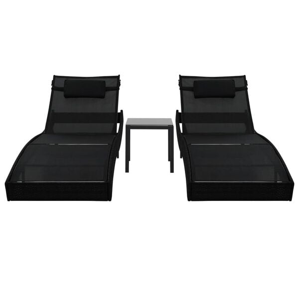 vidaXL Sun Loungers 2 pcs with Table Poly Rattan and Textilene Black