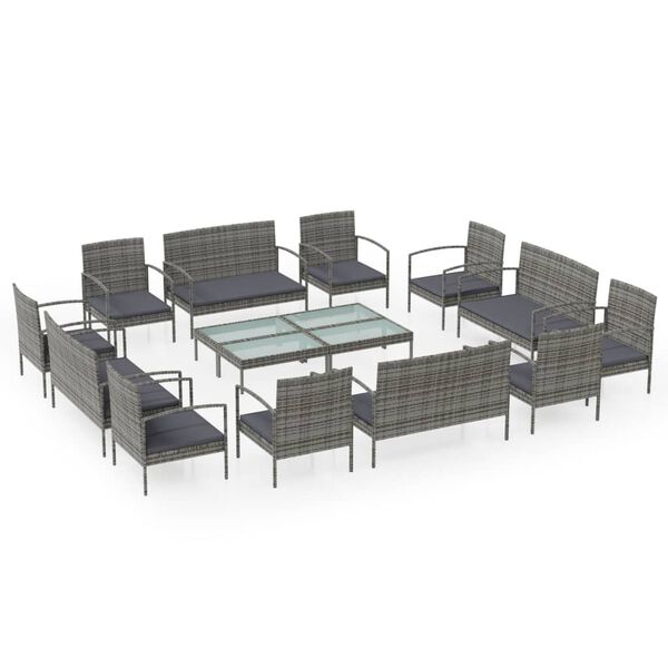 vidaXL 16 Piece Garden Lounge Set with Cushions Poly Rattan Grey