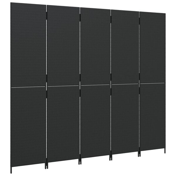 vidaXL Room Divider 5 Panels Black Poly Rattan