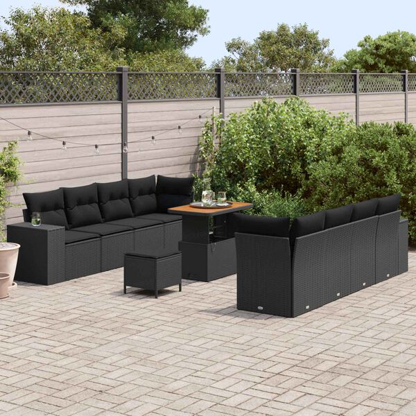 vidaXL Garden Sofa Set with Cushion 11 pcs Black Poly Rattan