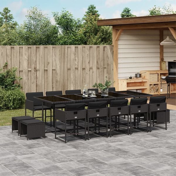 vidaXL 15 Piece Garden Dining Set with Cushions Black Poly Rattan