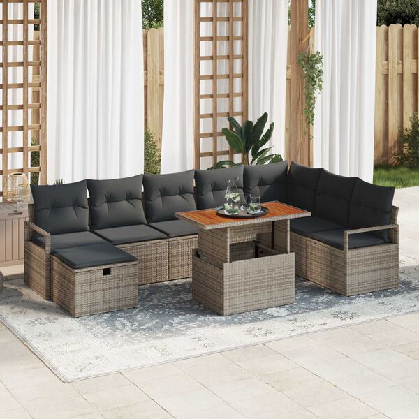 vidaXL Garden Sofa Set Height-Adjustable 9 pcs Grey Poly Rattan