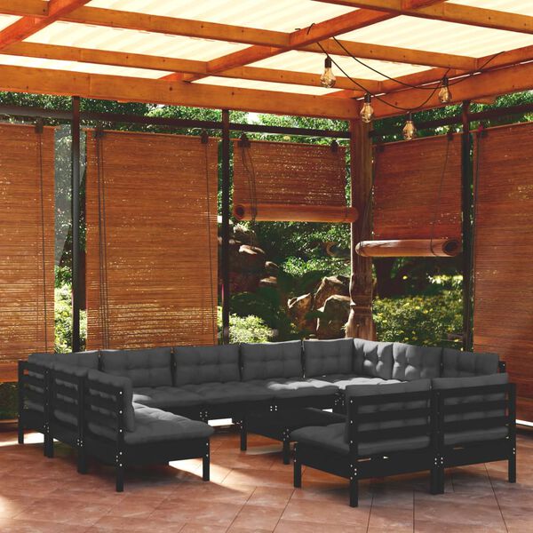 vidaXL 12 Piece Garden Lounge Set with Cushions Black Solid Pinewood