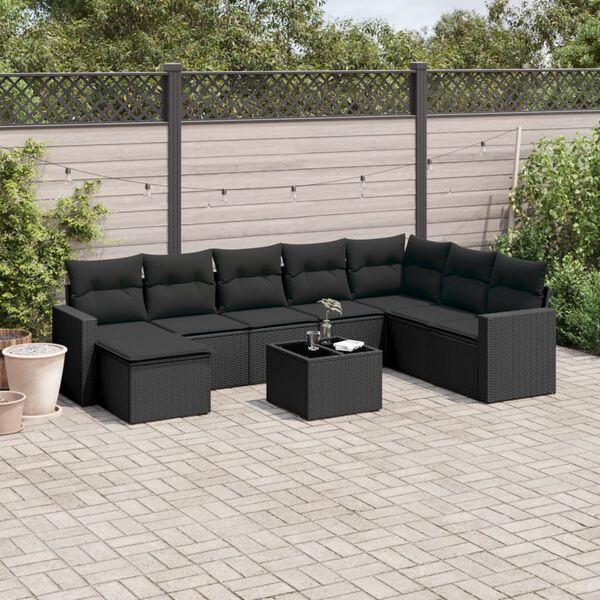 vidaXL 9 Piece Garden Sofa Set with Cushions Black Poly Rattan
