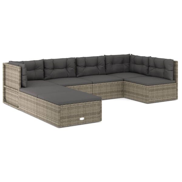 vidaXL 7 Piece Garden Lounge Set with Cushions Grey Poly Rattan