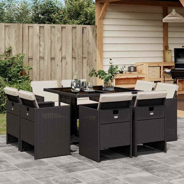 vidaXL 9 Piece Garden Dining Set with Cushions Black Poly Rattan