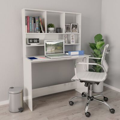 vidaXL Desk with Shelf High Gloss White 110x45x157 cm Engineered Wood