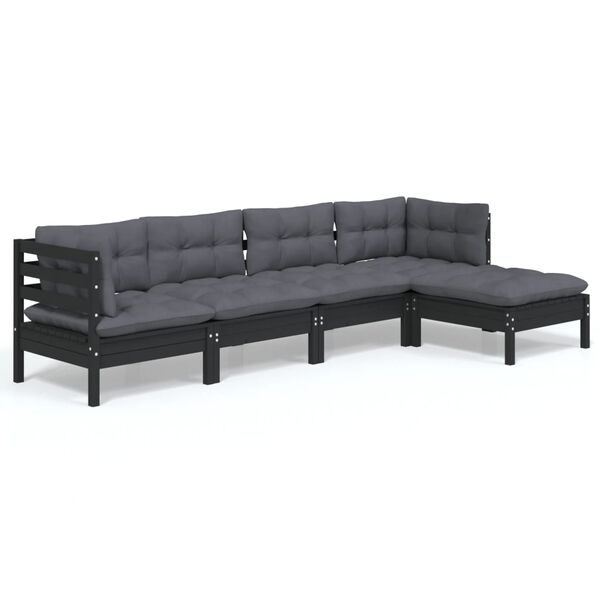 vidaXL 5 Piece Garden Lounge Set with Cushions Black Pinewood