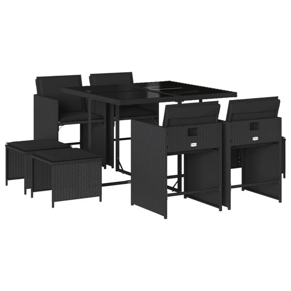 vidaXL 9 Piece Garden Dining Set with Cushions Black Poly Rattan