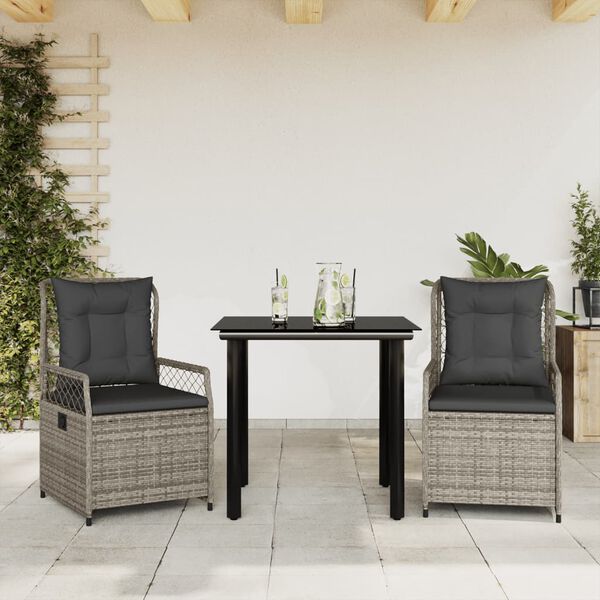 vidaXL 3 Piece Garden Dining Set with Cushions Grey Poly Rattan