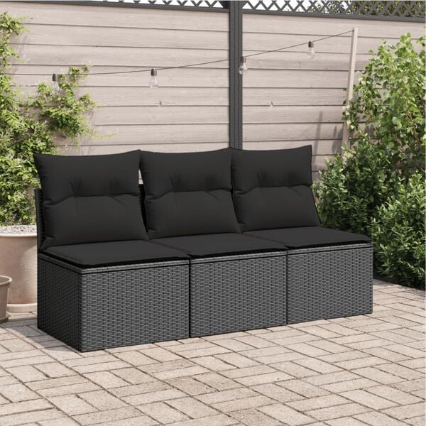 vidaXL Garden Sofa with Cushions 3-Seater Black Poly Rattan