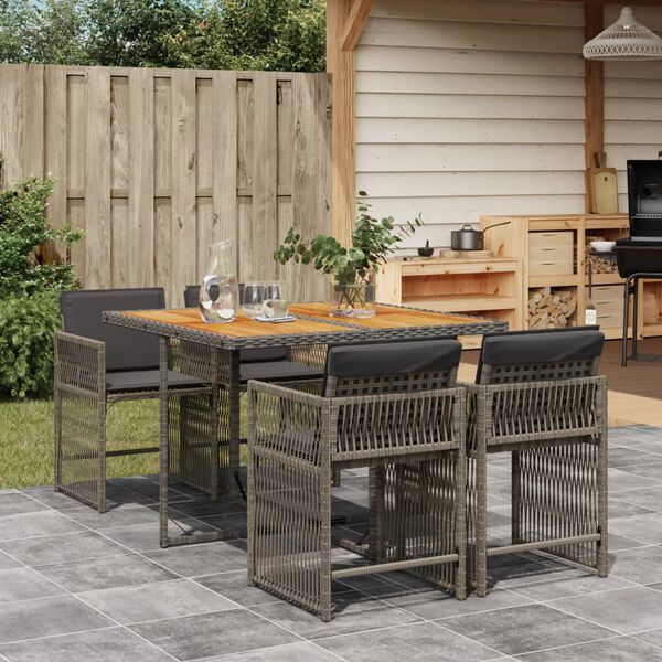vidaXL 5 Piece Garden Dining Set with Cushions Grey Poly Rattan