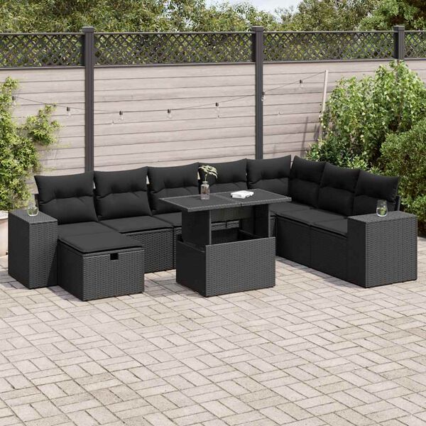 vidaXL 9 Piece Garden Sofa Set with Cushions Black Poly Rattan