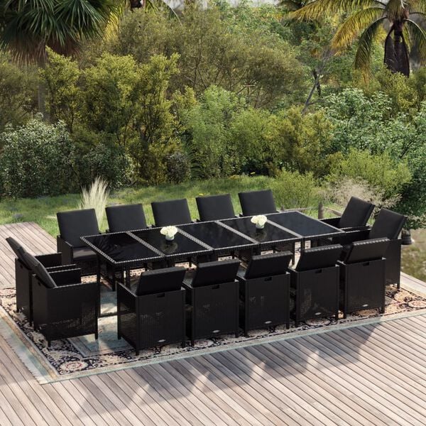 vidaXL 15 Piece Garden Dining Set with Cushions Poly Rattan Black