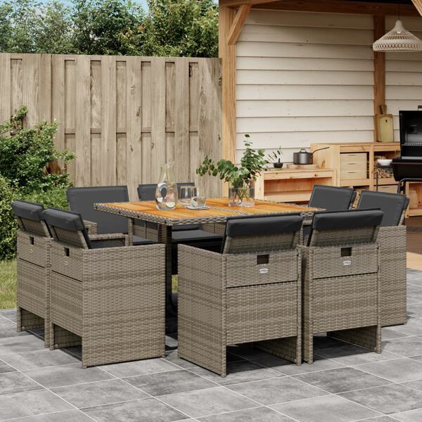 vidaXL 9 Piece Garden Dining Set with Cushions Grey Poly Rattan