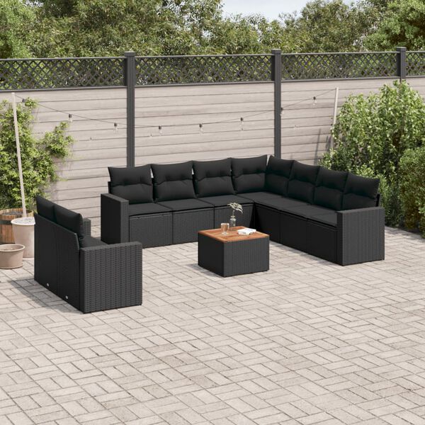vidaXL 10 Piece Garden Sofa Set with Cushions Black Poly Rattan
