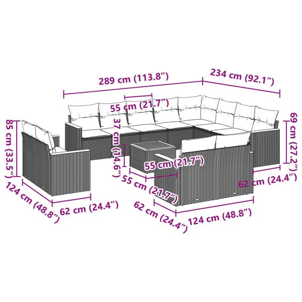 vidaXL 13 Piece Garden Sofa Set with Cushions Black Poly Rattan