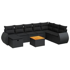 vidaXL 9 Piece Garden Sofa Set with Cushions Black Poly Rattan