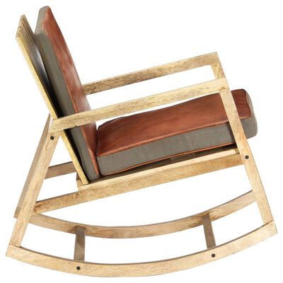 vidaXL Rocking Chair Brown Real Leather and Solid Mango Wood