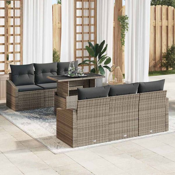 vidaXL Garden Sofa Set with Storage with Pillow 7 pcs Grey Poly Rattan