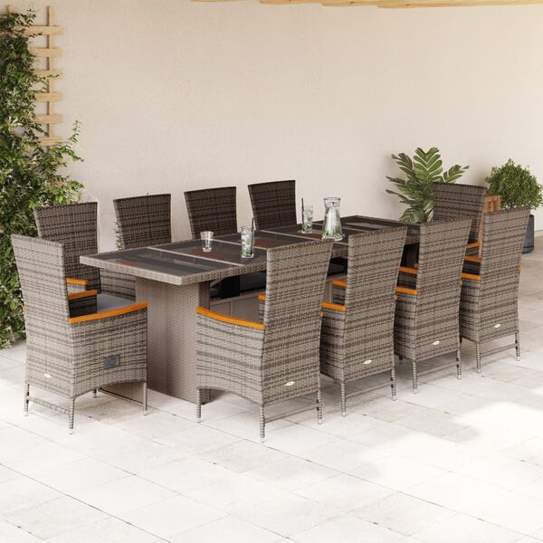 vidaXL 11 Piece Garden Dining Set with Cushions Grey Poly Rattan