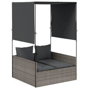 vidaXL Double Sun Lounger with Roof and Curtains Grey Poly Rattan