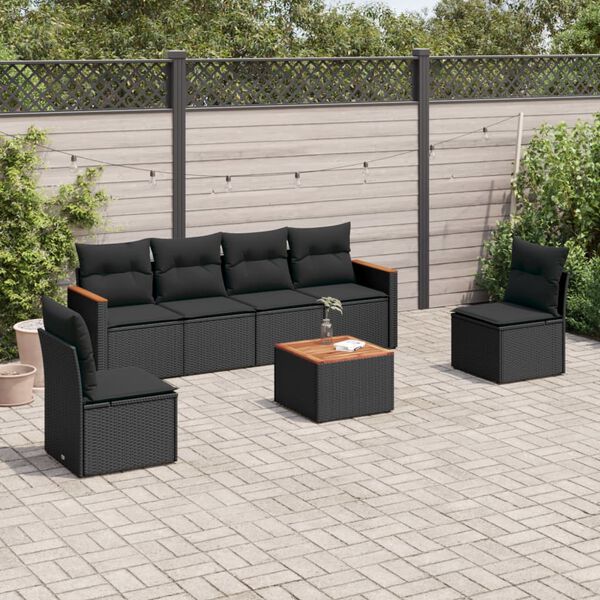 vidaXL 7 Piece Garden Sofa Set with Cushions Black Poly Rattan