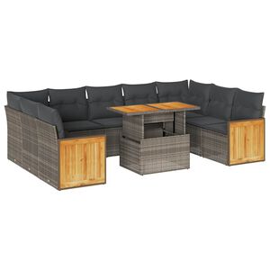 vidaXL 10 Piece Garden Sofa Set with Cushions Grey Poly Rattan Acacia