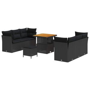 vidaXL Garden Sofa Set with Cushion 9 pcs Black Poly Rattan