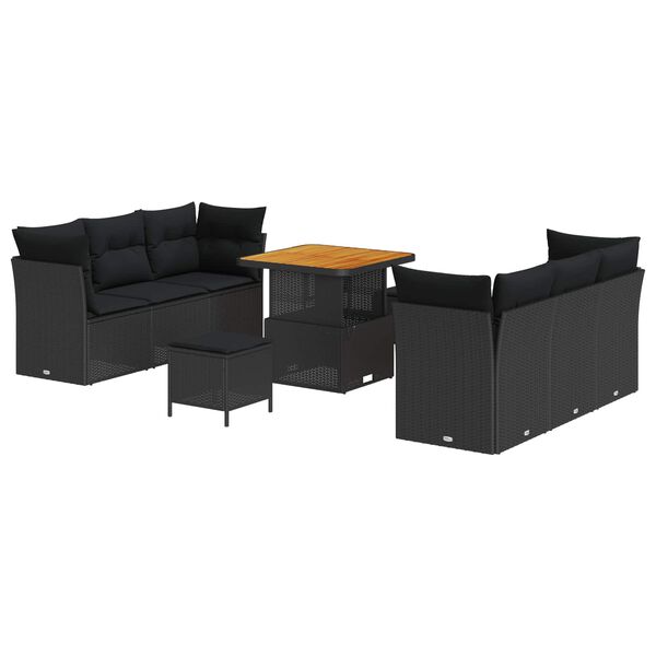 vidaXL Garden Sofa Set with Cushion 9 pcs Black Poly Rattan