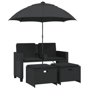 vidaXL Garden Sofa 2-Seater with Parasol and Stools Black Poly Rattan