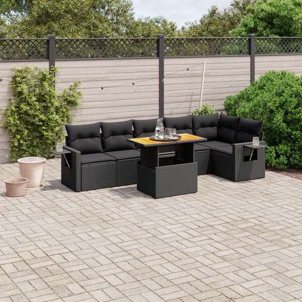 vidaXL 7 Piece Garden Sofa Set with Cushions Black Poly Rattan