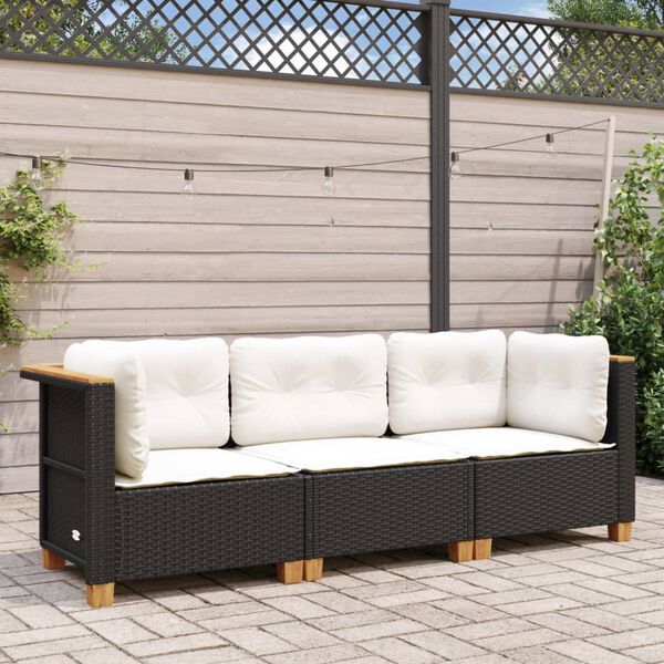 vidaXL Garden Sofa with Cushions 3-Seater Black Poly Rattan