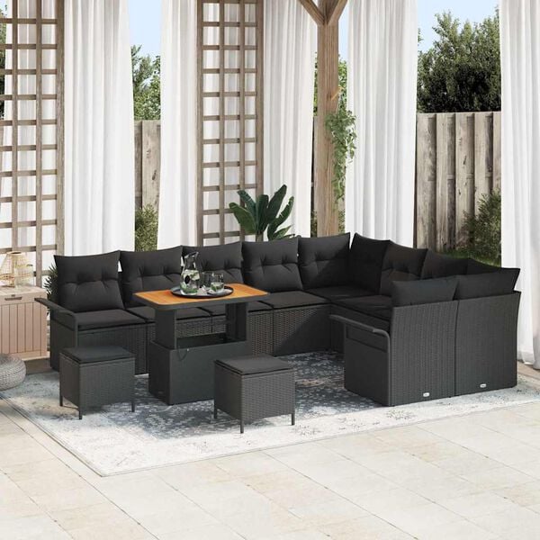 vidaXL Garden Sofa Set with Cushion 12 pcs Black Poly Rattan